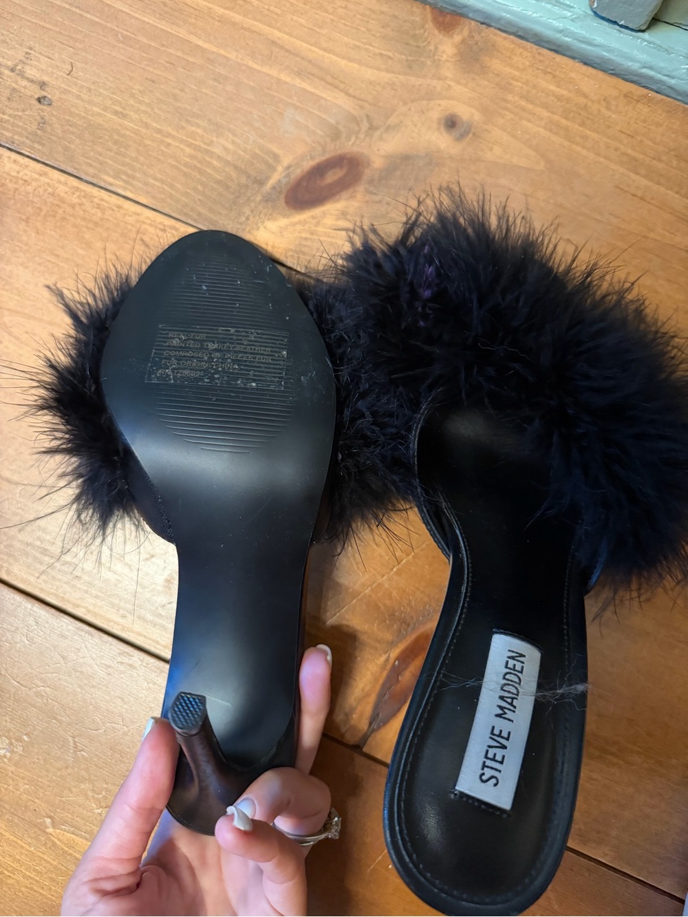 Steve Madden Black Feather Trim Slide Mules